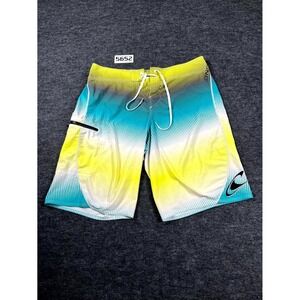 O'Neill Hyperfreak Board Shorts Mens 34 Blue Yellow Striped Swim Wear Zip Pocket